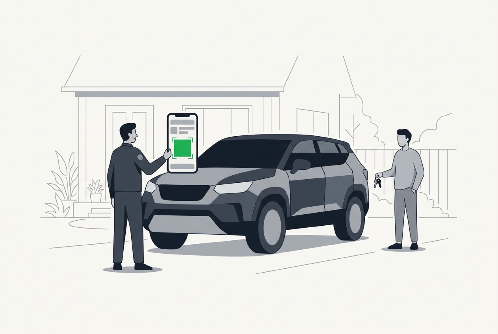 Operator photographing a rental SUV's bumper at pickup to create a timestamped condition report