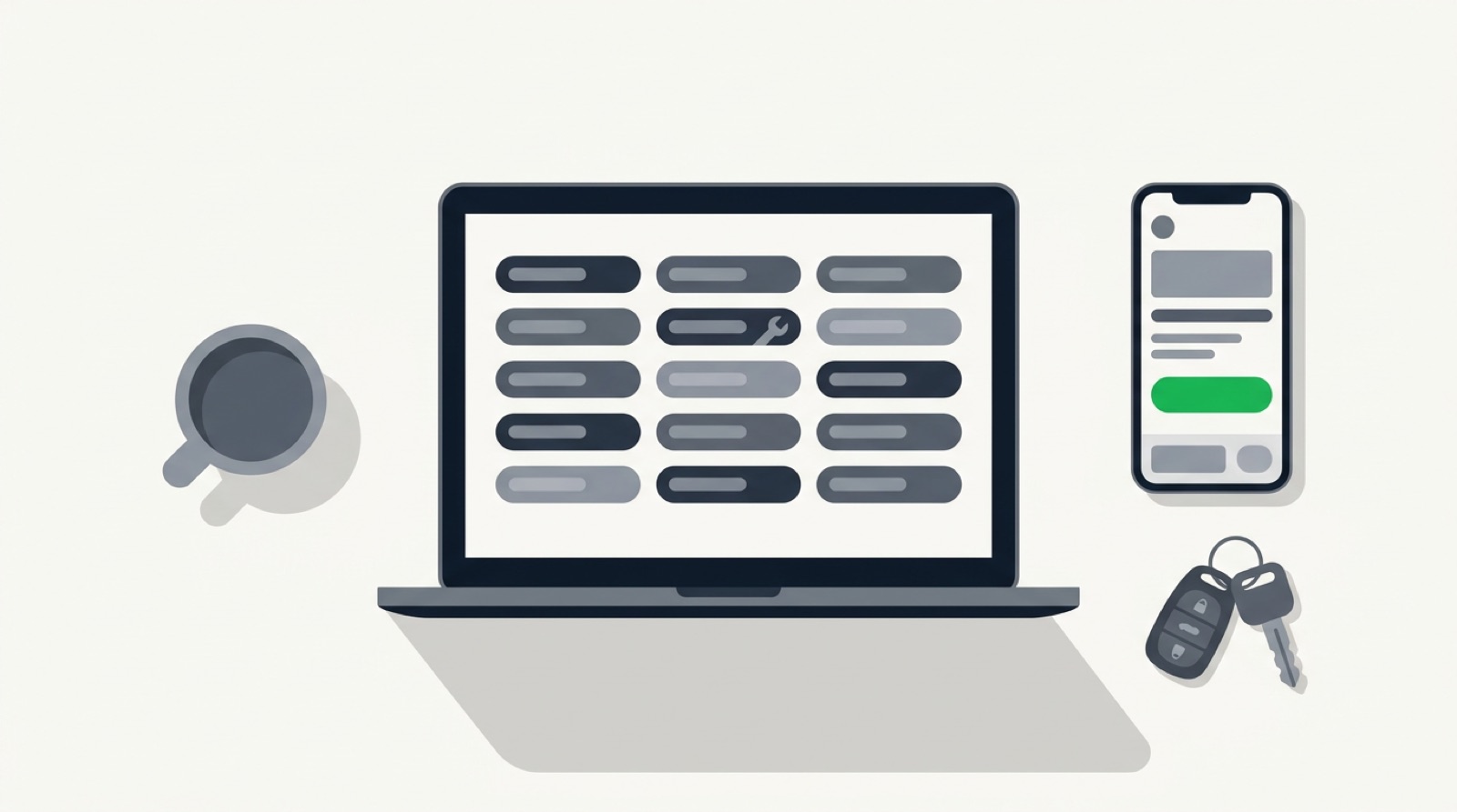 Illustration of car rental software for small independent fleets and Turo hosts: a week of reservations on a laptop and a booking page on a phone