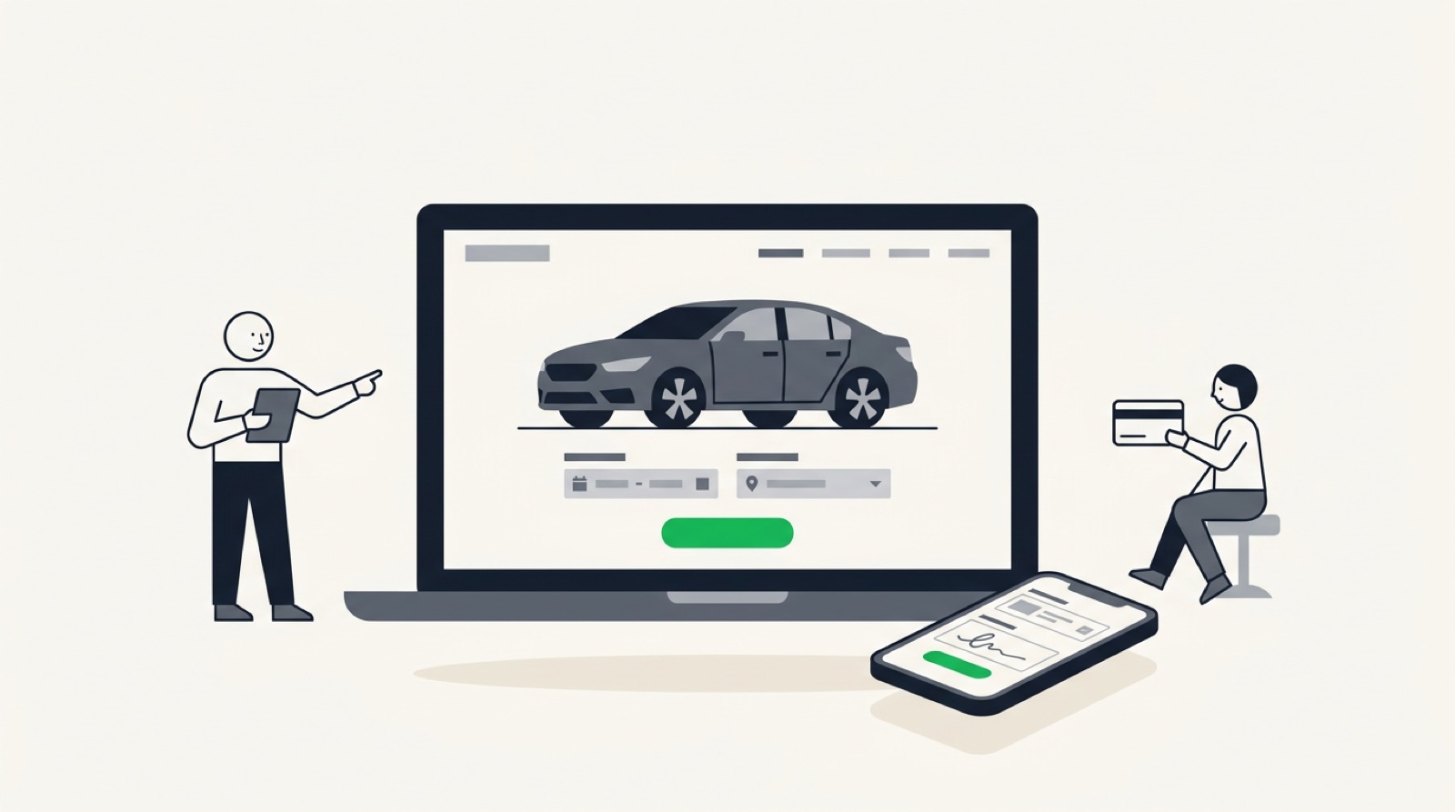 Illustration of a car rental website builder result: a branded booking site on a laptop and its checkout on a phone