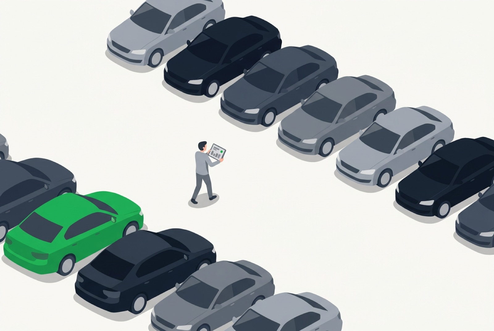Operator walking a row of mid-priced sedans and SUVs in an open-air lot, checking each car on a tablet before it goes out on rent