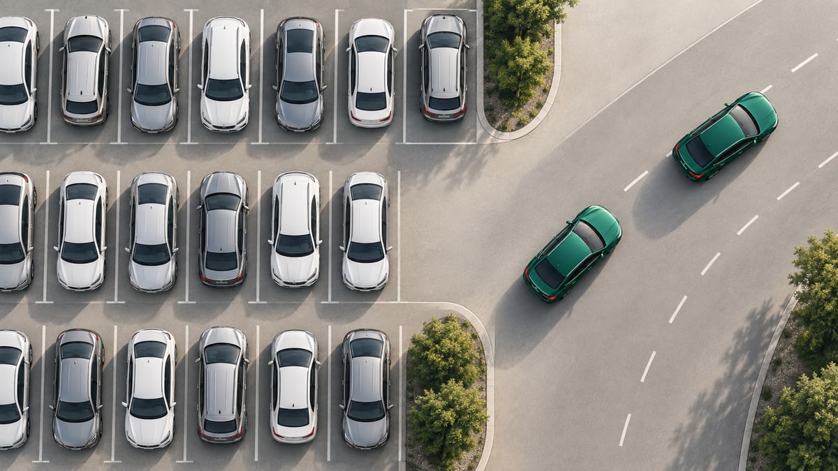 Aerial view of a rental fleet parked in rows while two green cars pull away onto an open road, illustrating the Turo alternative of going private